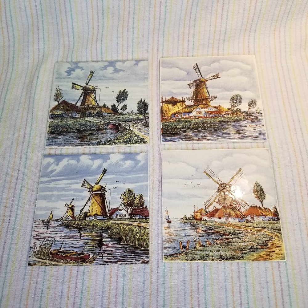 Vintage Handpainted Delfts Holland Windmill Scenes Hanging Tile Trivet Set of 4